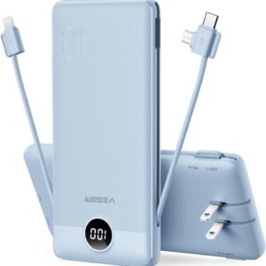 VEGER Portable Charger for iPhone Built in Cables and Wall Plug, 10000mah Slim Fast Charging USB C Power Bank, Travel Essential Battery Pack Compatible with iPhones, iPad, Samsung More Devices