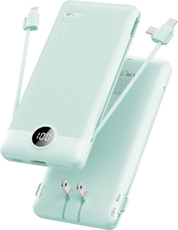 VRURC Portable Charger Built-in Cables and AC Wall Plug, USB C Power Bank 10000mAh, Travel Battery Portable Phone Charger Compact Lightweight External Battery Pack for Smart Phones, Tablets etc-Green
