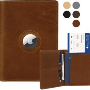 Airtag Passport Holder for Men and Women Travel, Real Leather Passport Wallet, Handmade Passport Cover Case with Airtag Slot, Travel Must Haves Essentials Accessories Birthday Gifts(Crazy Horse,Brown)