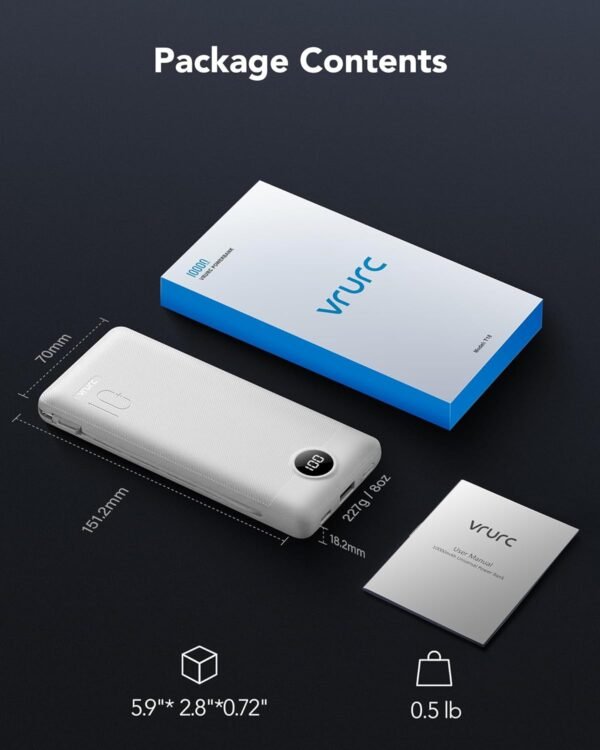 VRURC Portable Charger 10000mAh, Slim Portable Charger with Wall Plug, 22.5W USB Port Fast Charging Power Bank with Cables, 4 Outputs 2 Inputs Travel Essentials Battery for Smartphones-White (1 Pack) - Image 9