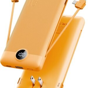 VRURC Portable Charger Built-in Cables and AC Wall Plug, USB C Power Bank 10000mAh, Travel Battery Phone Charger Compact Lightweight External Battery Pack for Smart Phones, Tablets etc-Orange