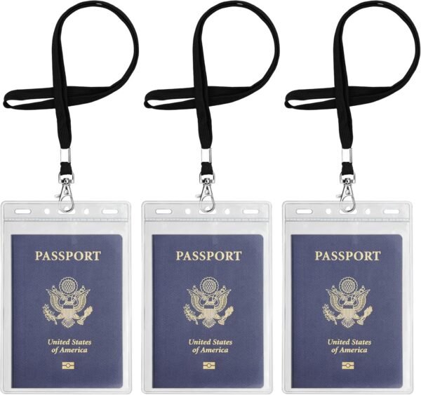 3 Pack Clear Plastic Passport Badge Holders with Lanyard, 4x6 Inch Vertical No Zipper ID Card Holder with Black Lanyard Extra Large ID Badge Holder for Passport