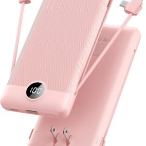 VRURC Portable Charger Built-in Cables and AC Wall Plug, USB C Power Bank 10000mAh, Travel Essentials Phone Charger Compact Lightweight External Battery Pack for Smart Phones, Tablets etc-Pink
