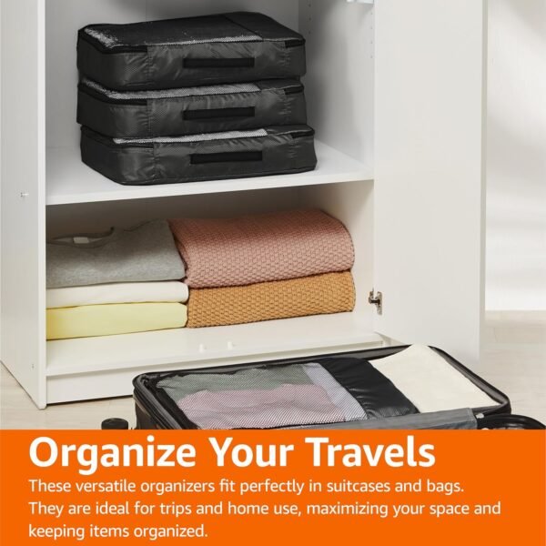 Amazon Basics Large Packing Cubes for Travel, Packing Organizers, 4-Piece-Set With Double Zipper Pulls and Mesh Top Panel, 100% Durable Polyester, Black, 17.5"L x 12.8"W x 3.3"H - Image 7