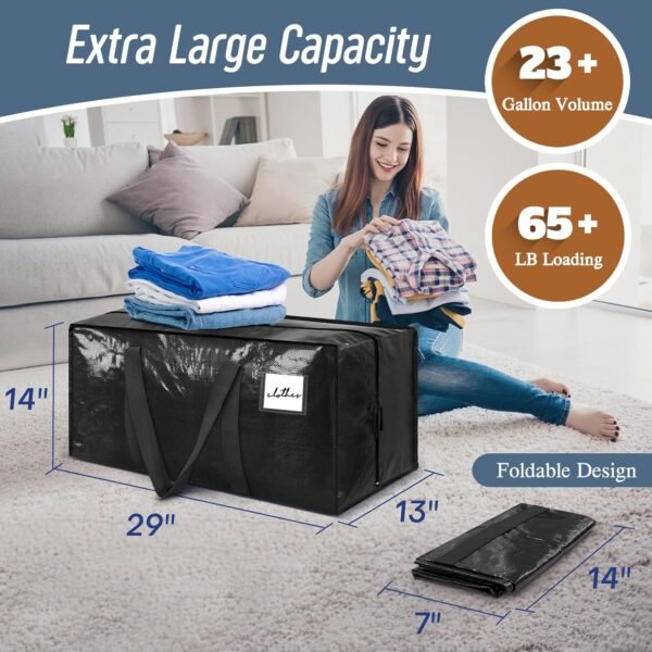 6 Pack Extra Heavy Duty Large Moving Bags with Strong Zipper & Comfortable Handles, Sturdy & Durable Clothes Storage Bags Totes Bins, Packing Moving Boxes for College Supplies, Black - Image 3