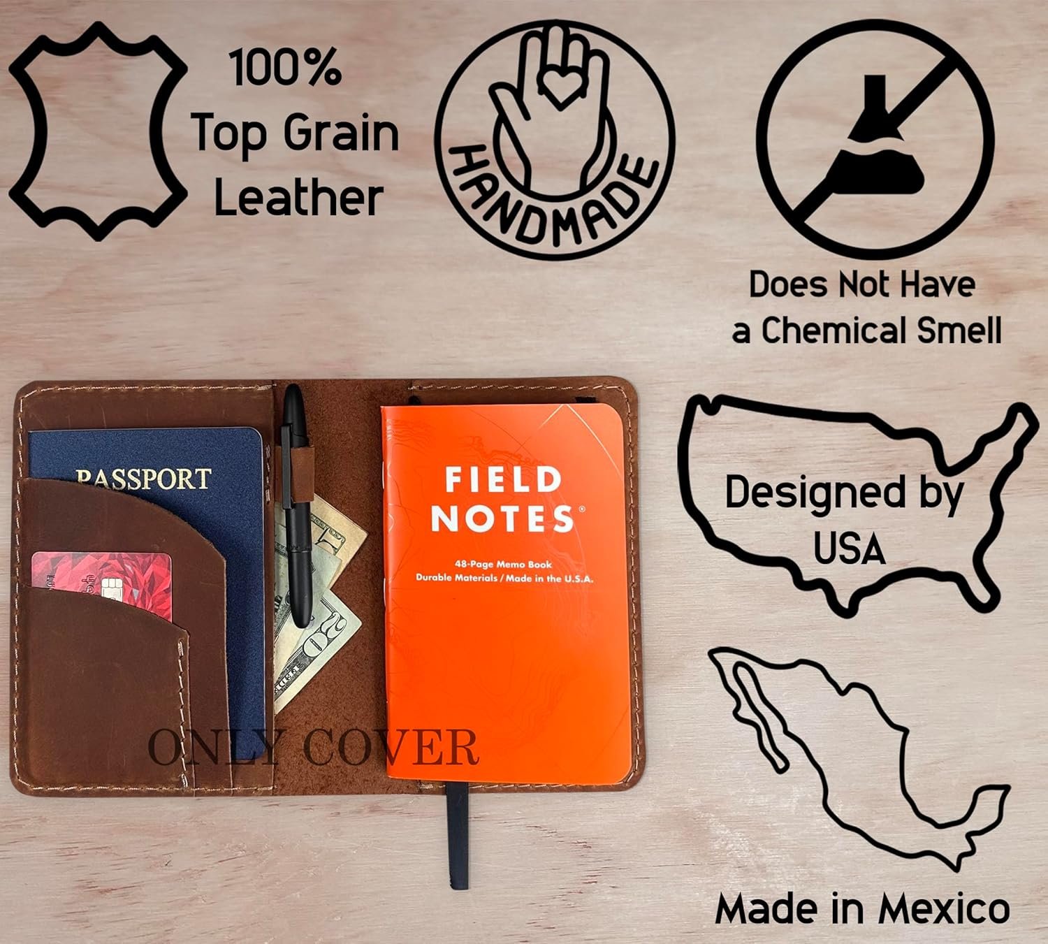 Leather Cover for Field Notes, Passport Cover, Leather Notebook Cover for 3.5" x 5.5" with Pen Holder, Only Cover (Bourbon) - Image 7