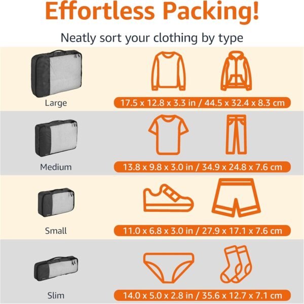 Amazon Basics Packing Cubes for Travel, Packing Organizers Set, 4-Piece-Set (Slim, Small, Medium, Large) With Double Zipper Pulls and Mesh Top Panel, 100% Durable Polyester, Black - Image 3