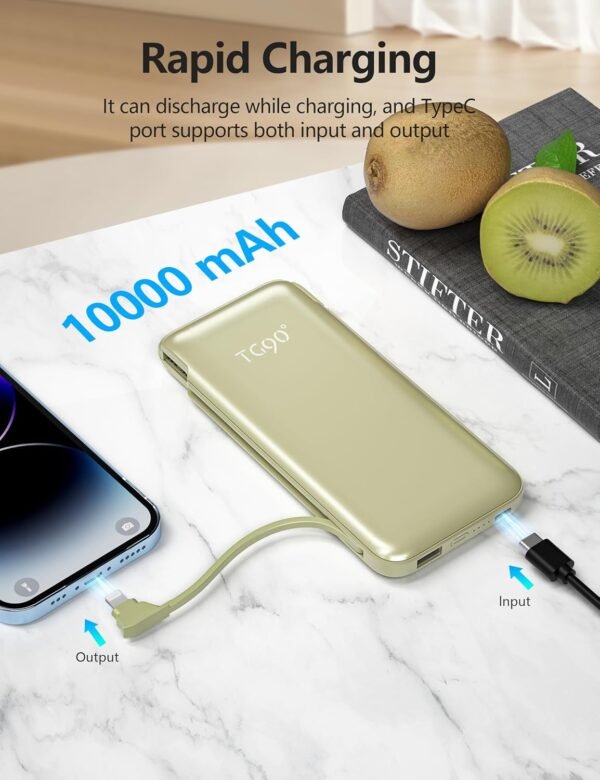 Portable Charger Power Bank with Built-in Cable & AC Plug, 10000mAh Fast USB-C Charger, Slim Mini Battery for iPhone 16/15/14/13/Pro/Max & All USB-C Devices - Image 4