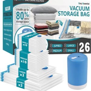 Vacuum Storage Bags with Electric Pump, 26 Pack (3 Jumbo/3 Large/10 Medium/10 Small) Vacuum Seal Space Saver Bags for Clothing, Pillows, Blanket, Bedding, Comforters