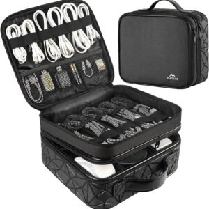 MATEIN Cable Organizer Bag, Waterproof Travel Electronic Storage with Adjustable Divider, Shockproof Portable Double Layer Tech Bag Carrying Case for Cord, Earbuds, Charger, SD Card, DJ Gifts, Black