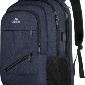 MATEIN 17 inch Laptop Backpack, Large Travel Backpack Carry On TSA Approved with Trolley Sleeve, Computer Work Bag with USB Charging Port, Water Resistant Daypack for College, Dark Blue