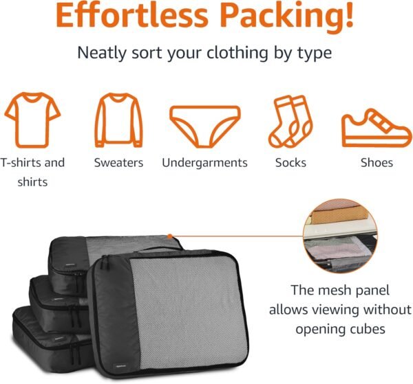 Amazon Basics Large Packing Cubes for Travel, Packing Organizers, 4-Piece-Set With Double Zipper Pulls and Mesh Top Panel, 100% Durable Polyester, Black, 17.5"L x 12.8"W x 3.3"H - Image 2