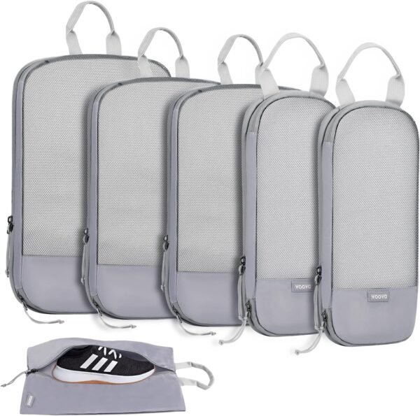 Voova 6 Set Compression Packing Cubes, Travel Accessories Expandable Packing Organizer Bags Set for Carry on Suitcase, Durable Luggage Packing Cubes for Travel Essentials,Grey
