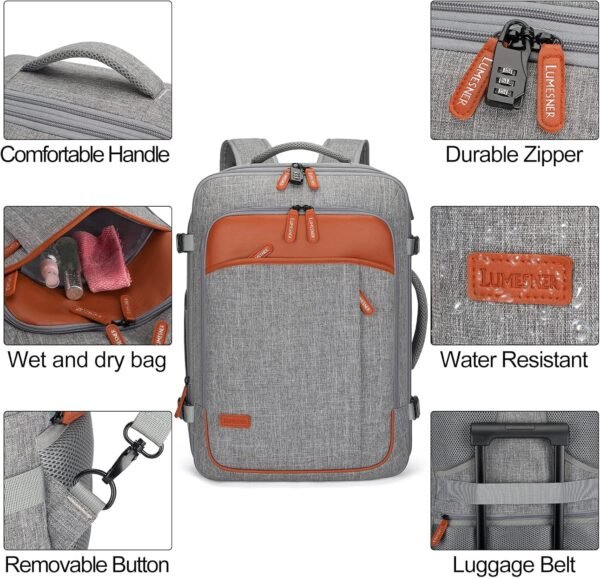 Carry on Travel Backpacks, Extra Large 40L Flight Approved bag for Men & Women,Expandable Suitcase With 4 Packing Cubes,Water Resistant Luggage Daypack Business Weekender Bag,Grey - Image 6