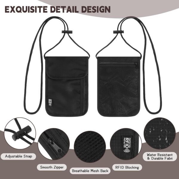 5.5" L x 7.9" W Travel Neck Wallet, RFID Blocking Passport Holder, Security Lightweight Passport Travel Wallet, Neck Pouch Gifts for Women Men(Black) - Image 3