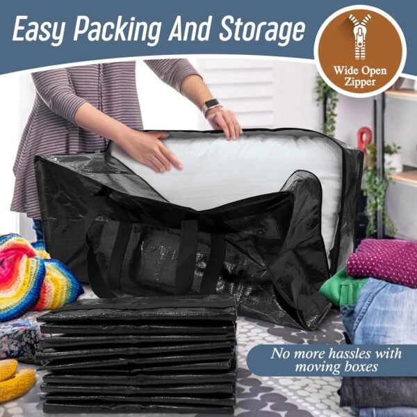 6 Pack Extra Heavy Duty Large Moving Bags with Strong Zipper & Comfortable Handles, Sturdy & Durable Clothes Storage Bags Totes Bins, Packing Moving Boxes for College Supplies, Black - Image 5