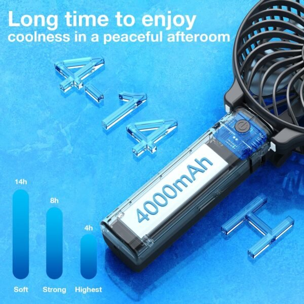 VersionTECH. Portable Handheld Fan, Powerful+Durable+4000mAh+180° Foldable, Mini Table Fans with USB Rechargeable Battery Operated Cooling Accessories for Personal Use, Travel, Office Black - Image 3