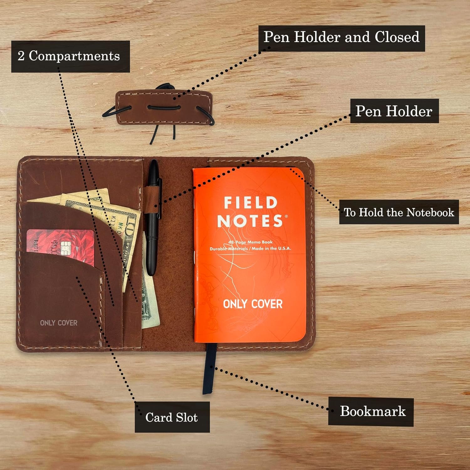 Leather Cover for Field Notes, Passport Cover, Leather Notebook Cover for 3.5" x 5.5" with Pen Holder, Only Cover (Bourbon) - Image 3