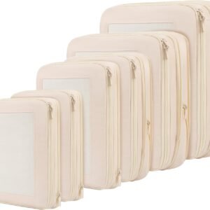 BAGAIL 4 Set/6 Set/8 Set Compression Packing Cubes Travel Accessories Expandable Packing Organizers(Beige SquareMesh 6 Set)