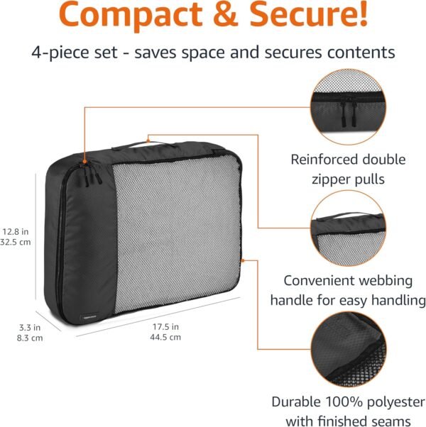 Amazon Basics Large Packing Cubes for Travel, Packing Organizers, 4-Piece-Set With Double Zipper Pulls and Mesh Top Panel, 100% Durable Polyester, Black, 17.5"L x 12.8"W x 3.3"H - Image 3