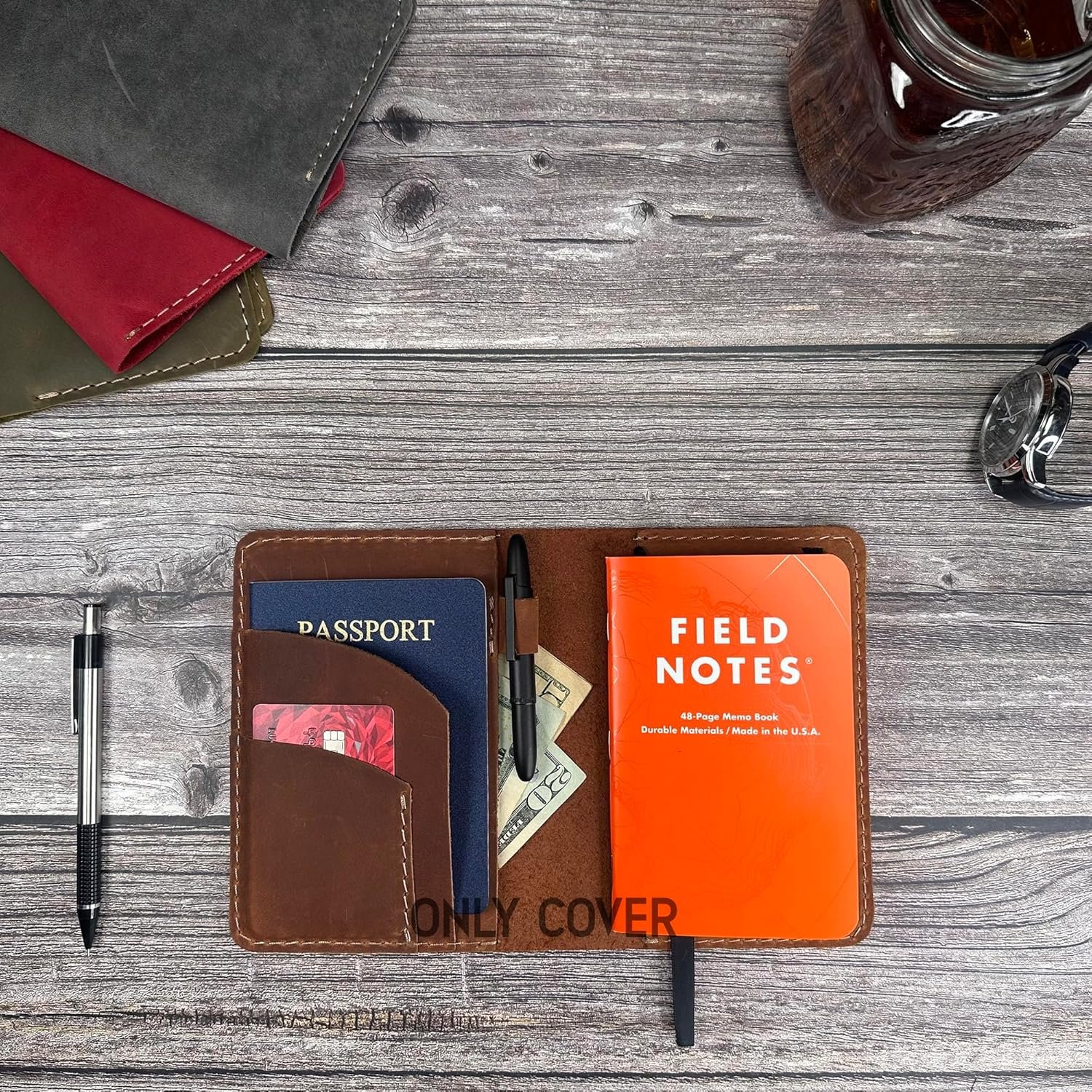 Leather Cover for Field Notes, Passport Cover, Leather Notebook Cover for 3.5" x 5.5" with Pen Holder, Only Cover (Bourbon) - Image 8